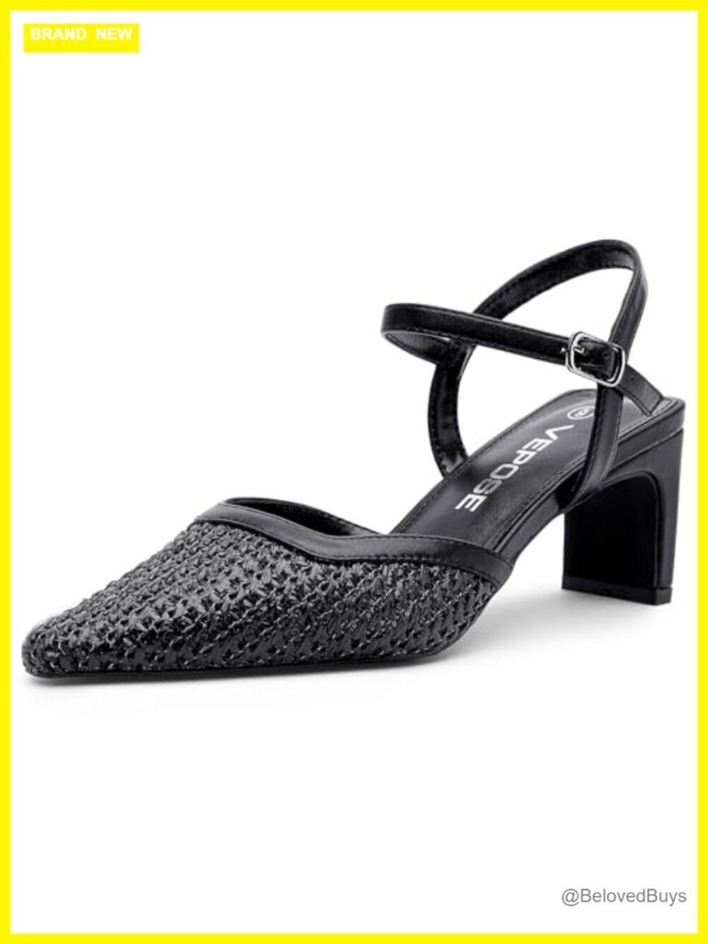 Women's Woven Raffia Pumps, Pointed Toe Ankle Strap Block Heels